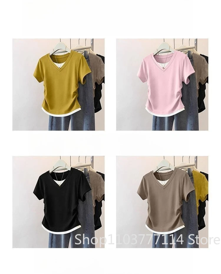 Women Summer Short Sleeved Top for Fashion Versatile Base Shirt Slim Fit Fake Two T-shirts Casual and Sexy Breathable and Cool