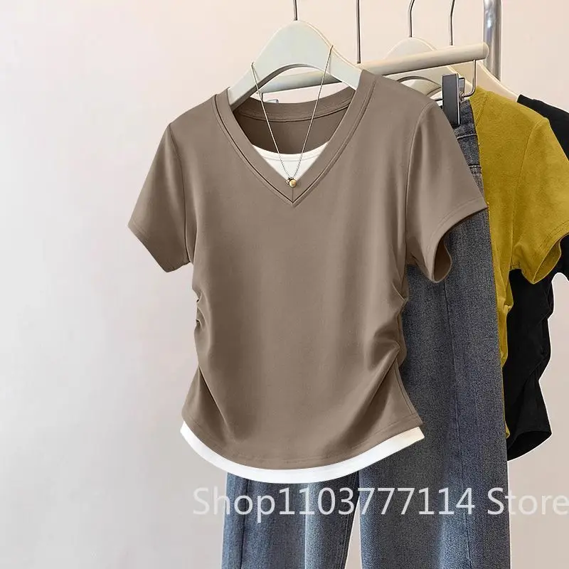 Women Summer Short Sleeved Top for Fashion Versatile Base Shirt Slim Fit Fake Two T-shirts Casual and Sexy Breathable and Cool