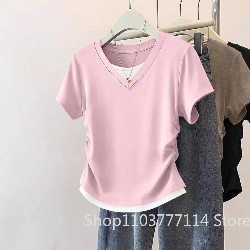 Women Summer Short Sleeved Top for Fashion Versatile Base Shirt Slim Fit Fake Two T-shirts Casual and Sexy Breathable and Cool
