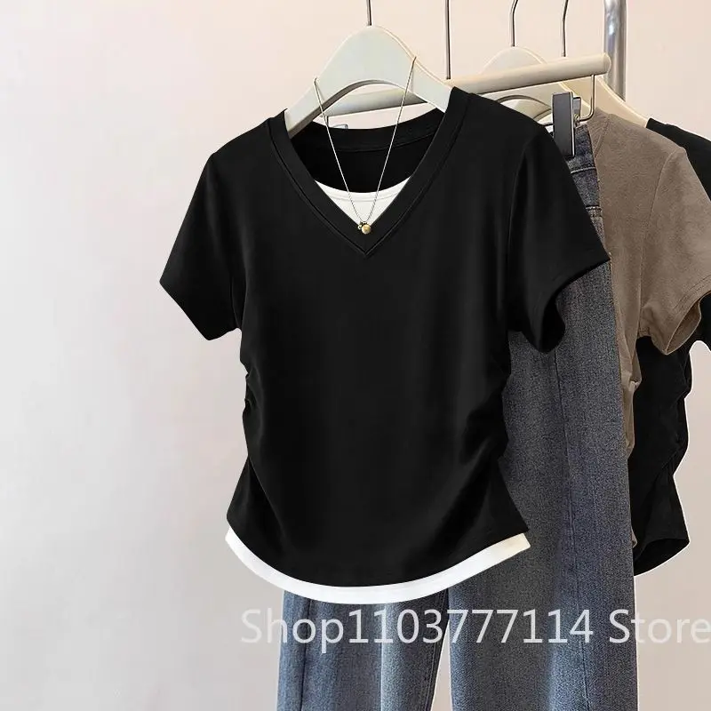 Women Summer Short Sleeved Top for Fashion Versatile Base Shirt Slim Fit Fake Two T-shirts Casual and Sexy Breathable and Cool