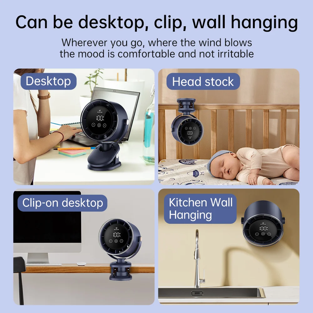 Rechargeable Portable Clip on 360° Rotate Quiet Turbo Desk Fan for Stroller Bed Travel Camping Golf Gym