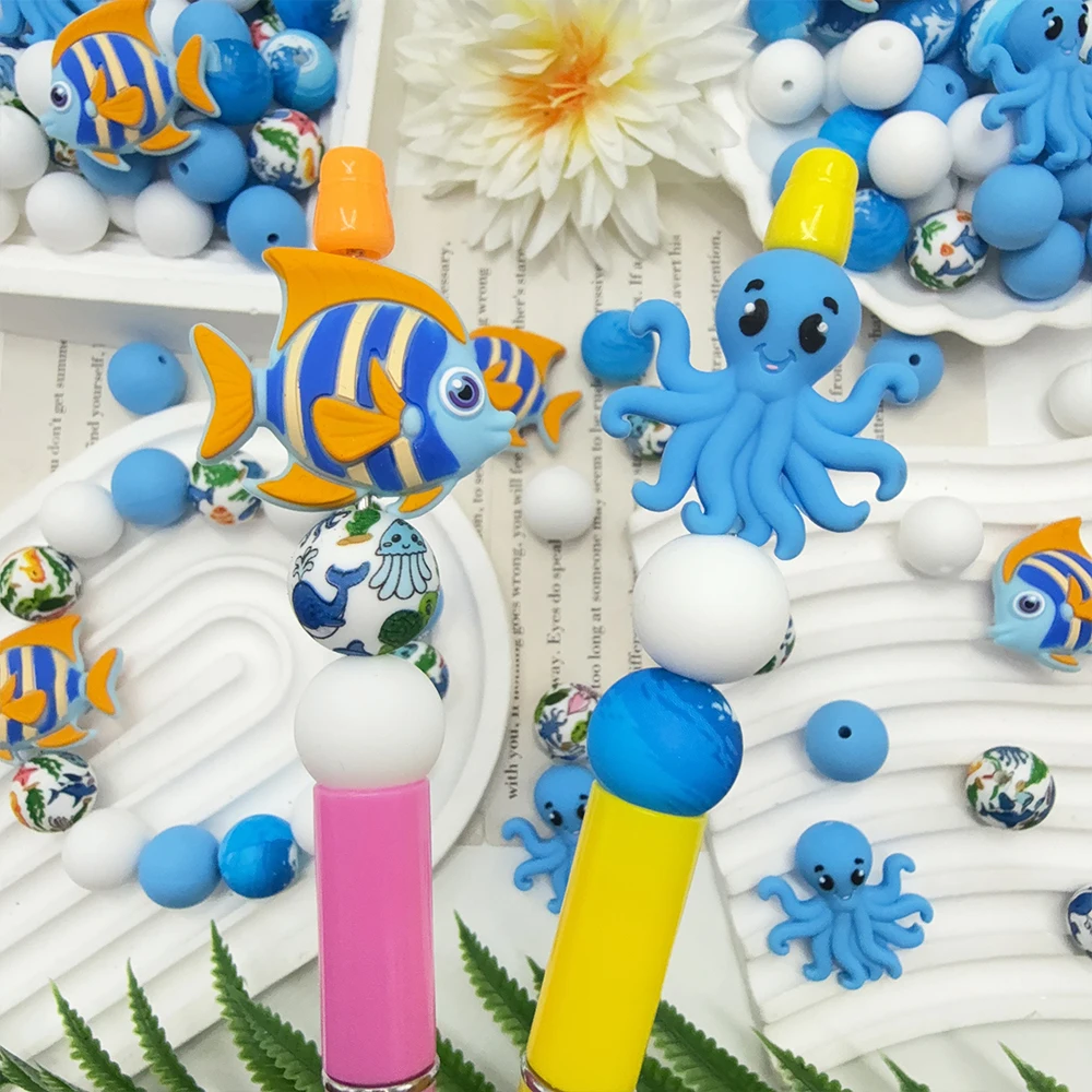 32Pcs Fish and Octopus Silicone Beads Set DIY Beaded Necklace Bracelet Decoration Pen Jewelry Pendant Etc. Holiday Birthday Gift
