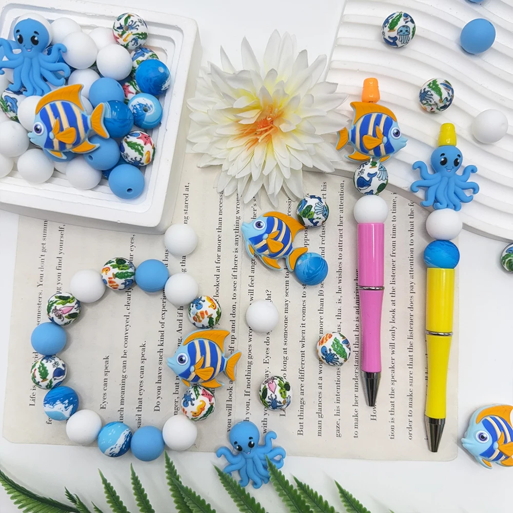 32Pcs Fish and Octopus Silicone Beads Set DIY Beaded Necklace Bracelet Decoration Pen Jewelry Pendant Etc. Holiday Birthday Gift