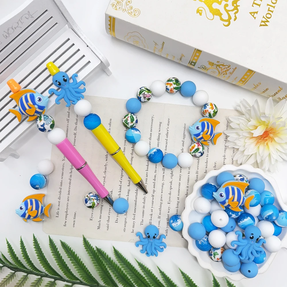 32Pcs Fish and Octopus Silicone Beads Set DIY Beaded Necklace Bracelet Decoration Pen Jewelry Pendant Etc. Holiday Birthday Gift