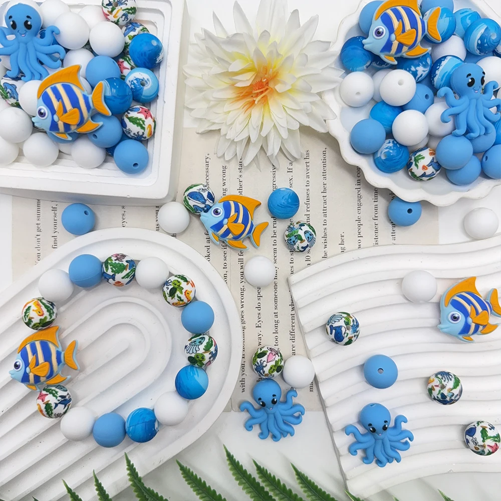 32Pcs Fish and Octopus Silicone Beads Set DIY Beaded Necklace Bracelet Decoration Pen Jewelry Pendant Etc. Holiday Birthday Gift
