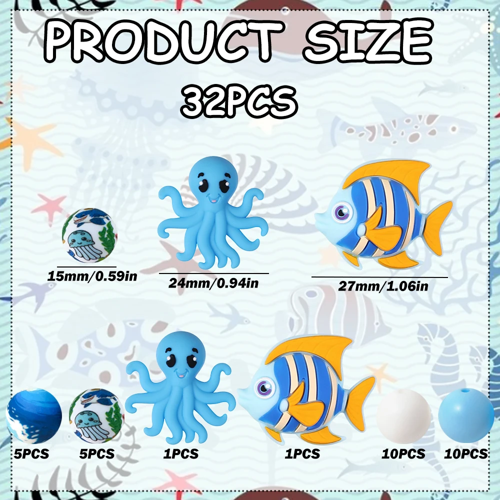 32Pcs Fish and Octopus Silicone Beads Set DIY Beaded Necklace Bracelet Decoration Pen Jewelry Pendant Etc. Holiday Birthday Gift