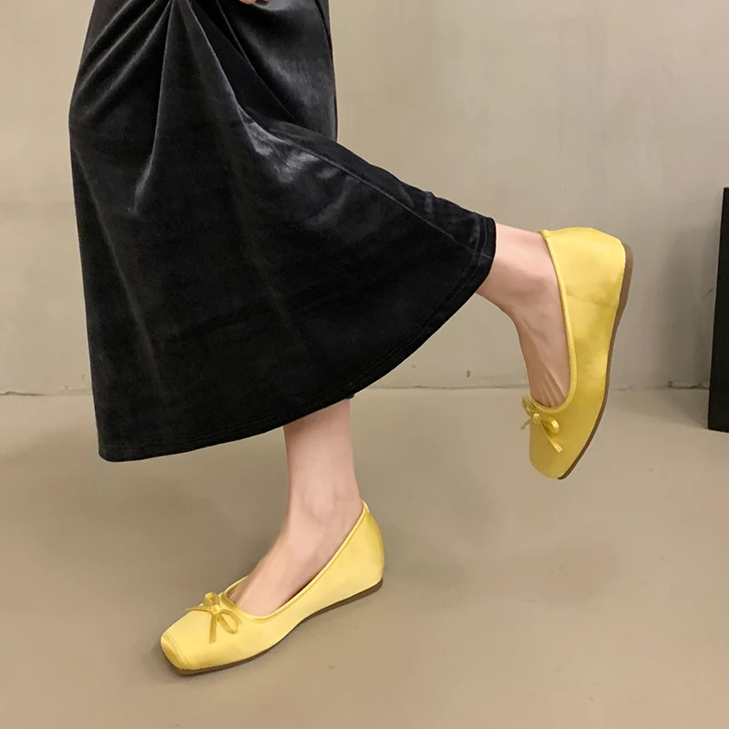 Spring Summer Women Casual Square Toe Ballet Flats Bow Decor Soft Sole Non-Slip Slip on Multi Color Daily Walking Shoes