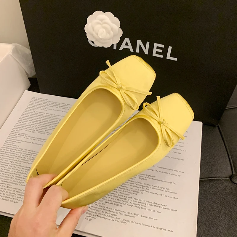 Spring Summer Women Casual Square Toe Ballet Flats Bow Decor Soft Sole Non-Slip Slip on Multi Color Daily Walking Shoes