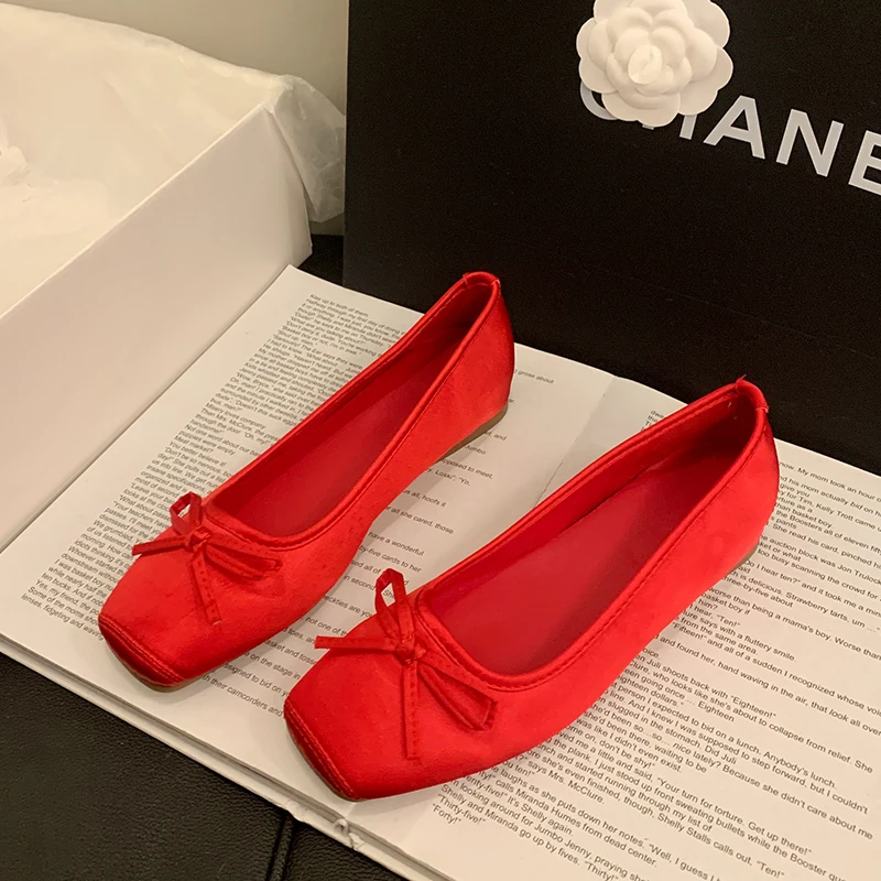 Spring Summer Women Casual Square Toe Ballet Flats Bow Decor Soft Sole Non-Slip Slip on Multi Color Daily Walking Shoes