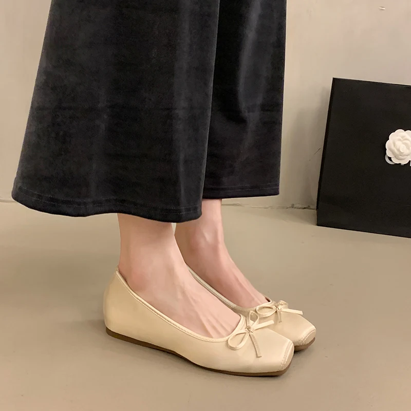 Spring Summer Women Casual Square Toe Ballet Flats Bow Decor Soft Sole Non-Slip Slip on Multi Color Daily Walking Shoes