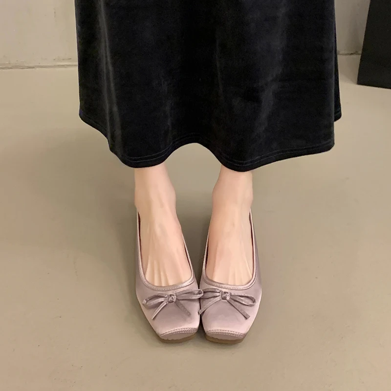 Spring Summer Women Casual Square Toe Ballet Flats Bow Decor Soft Sole Non-Slip Slip on Multi Color Daily Walking Shoes