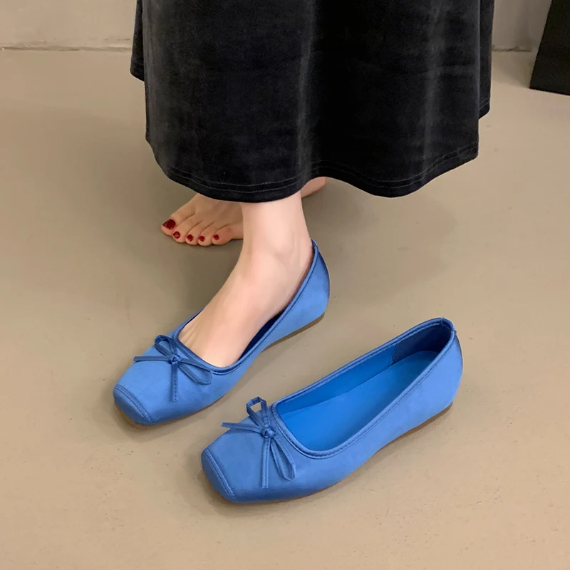 Spring Summer Women Casual Square Toe Ballet Flats Bow Decor Soft Sole Non-Slip Slip on Multi Color Daily Walking Shoes