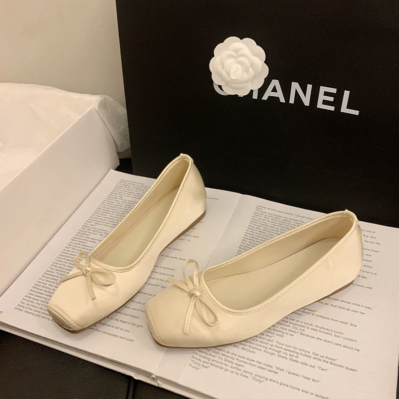 Spring Summer Women Casual Square Toe Ballet Flats Bow Decor Soft Sole Non-Slip Slip on Multi Color Daily Walking Shoes