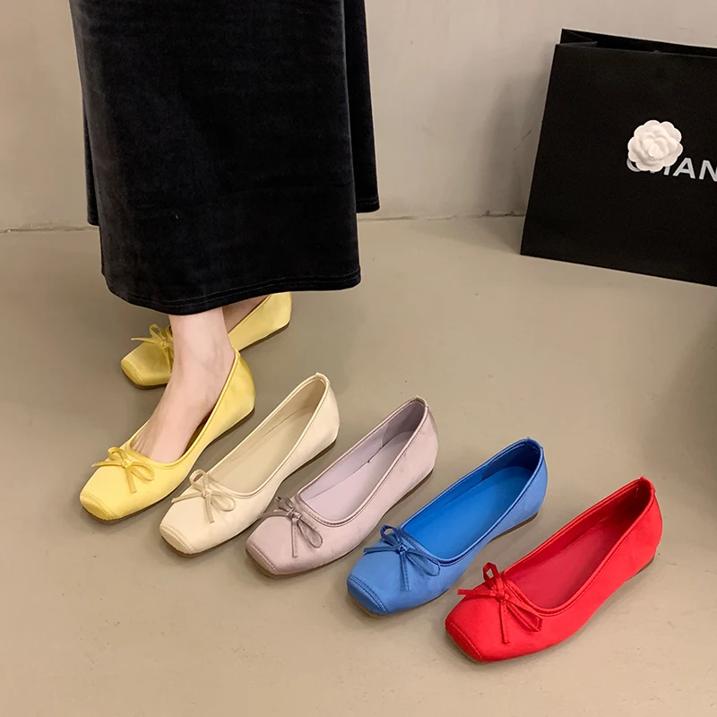 Spring Summer Women Casual Square Toe Ballet Flats Bow Decor Soft Sole Non-Slip Slip on Multi Color Daily Walking Shoes