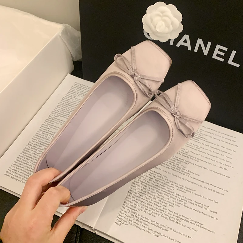 Spring Summer Women Casual Square Toe Ballet Flats Bow Decor Soft Sole Non-Slip Slip on Multi Color Daily Walking Shoes