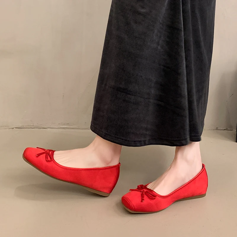 Spring Summer Women Casual Square Toe Ballet Flats Bow Decor Soft Sole Non-Slip Slip on Multi Color Daily Walking Shoes