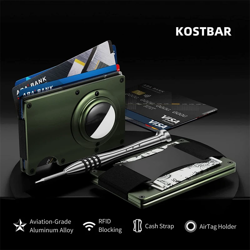 Men's Slim RFID Blocking Credit Card Holder Aluminum Wallet with Cash Strap Airtag Case Forged Carbon Fiber Business Cardholder