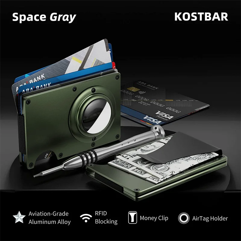 Men's Slim RFID Blocking Credit Card Holder Aluminum Wallet with Cash Strap Airtag Case Forged Carbon Fiber Business Cardholder