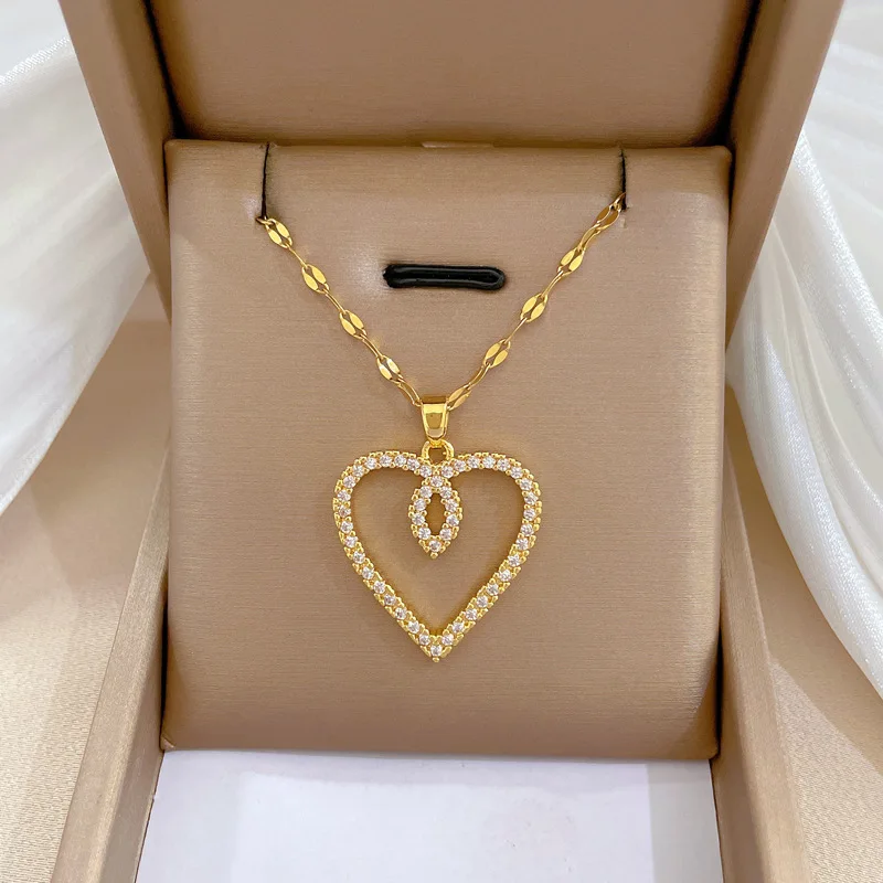 Luxury Full Zicron Shiny Heart Necklace for Women Titanium Steel Gold Color Anti-Tarnish Romantic Pendant Necklace
