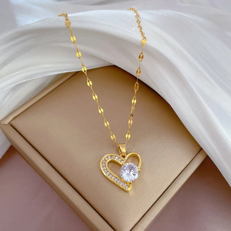 Luxury Full Zicron Shiny Heart Necklace for Women Titanium Steel Gold Color Anti-Tarnish Romantic Pendant Necklace