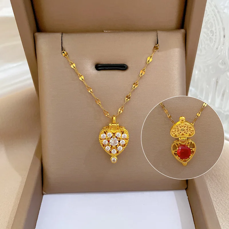 Luxury Full Zicron Shiny Heart Necklace for Women Titanium Steel Gold Color Anti-Tarnish Romantic Pendant Necklace