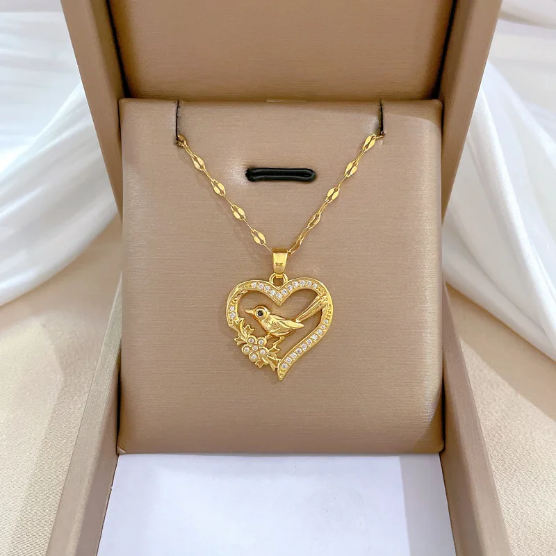 Luxury Full Zicron Shiny Heart Necklace for Women Titanium Steel Gold Color Anti-Tarnish Romantic Pendant Necklace