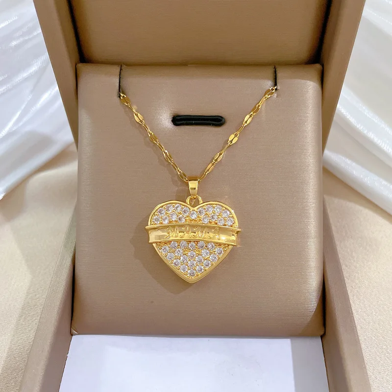 Luxury Full Zicron Shiny Heart Necklace for Women Titanium Steel Gold Color Anti-Tarnish Romantic Pendant Necklace