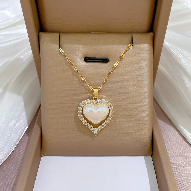 Luxury Full Zicron Shiny Heart Necklace for Women Titanium Steel Gold Color Anti-Tarnish Romantic Pendant Necklace