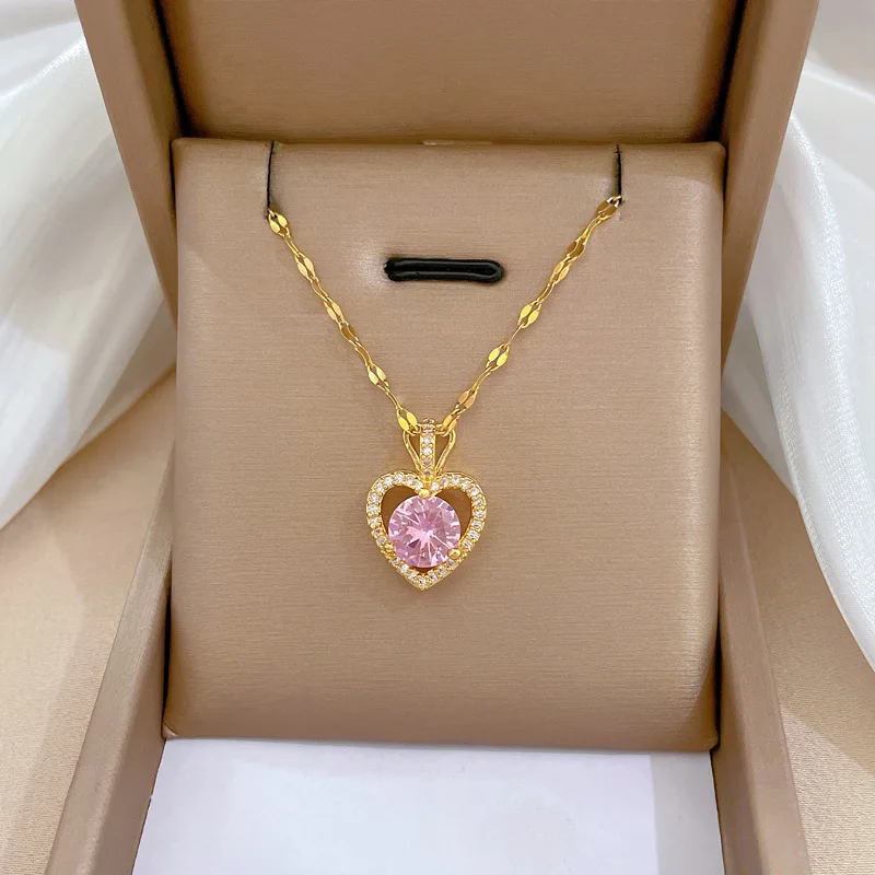 Luxury Full Zicron Shiny Heart Necklace for Women Titanium Steel Gold Color Anti-Tarnish Romantic Pendant Necklace