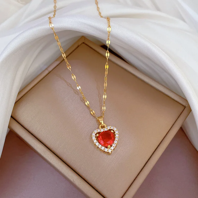 Luxury Full Zicron Shiny Heart Necklace for Women Titanium Steel Gold Color Anti-Tarnish Romantic Pendant Necklace