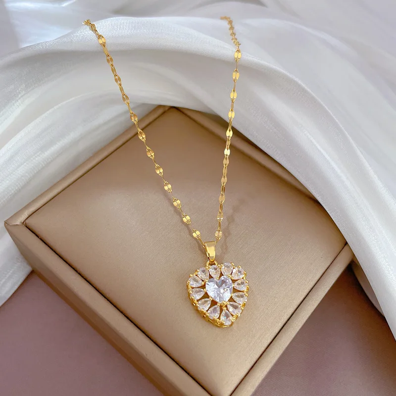 Luxury Full Zicron Shiny Heart Necklace for Women Titanium Steel Gold Color Anti-Tarnish Romantic Pendant Necklace