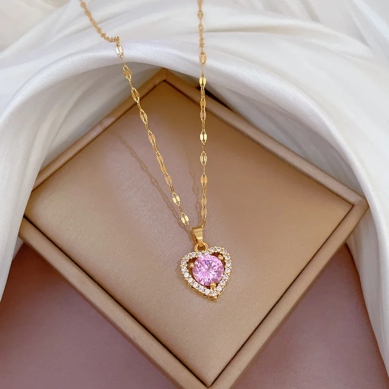 Luxury Full Zicron Shiny Heart Necklace for Women Titanium Steel Gold Color Anti-Tarnish Romantic Pendant Necklace