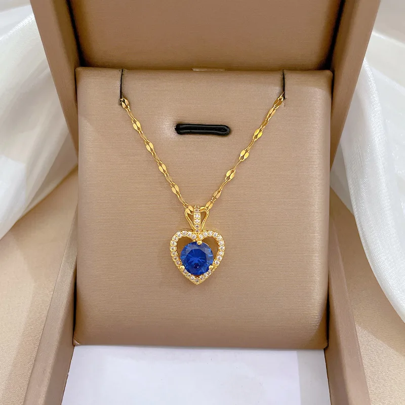 Luxury Full Zicron Shiny Heart Necklace for Women Titanium Steel Gold Color Anti-Tarnish Romantic Pendant Necklace
