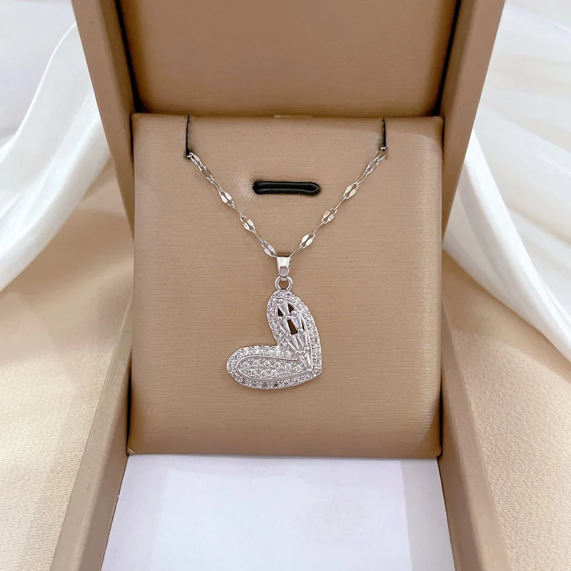 Luxury Full Zicron Shiny Heart Necklace for Women Titanium Steel Gold Color Anti-Tarnish Romantic Pendant Necklace