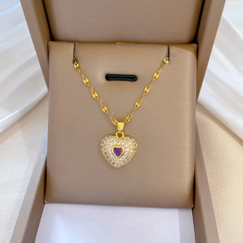 Luxury Full Zicron Shiny Heart Necklace for Women Titanium Steel Gold Color Anti-Tarnish Romantic Pendant Necklace