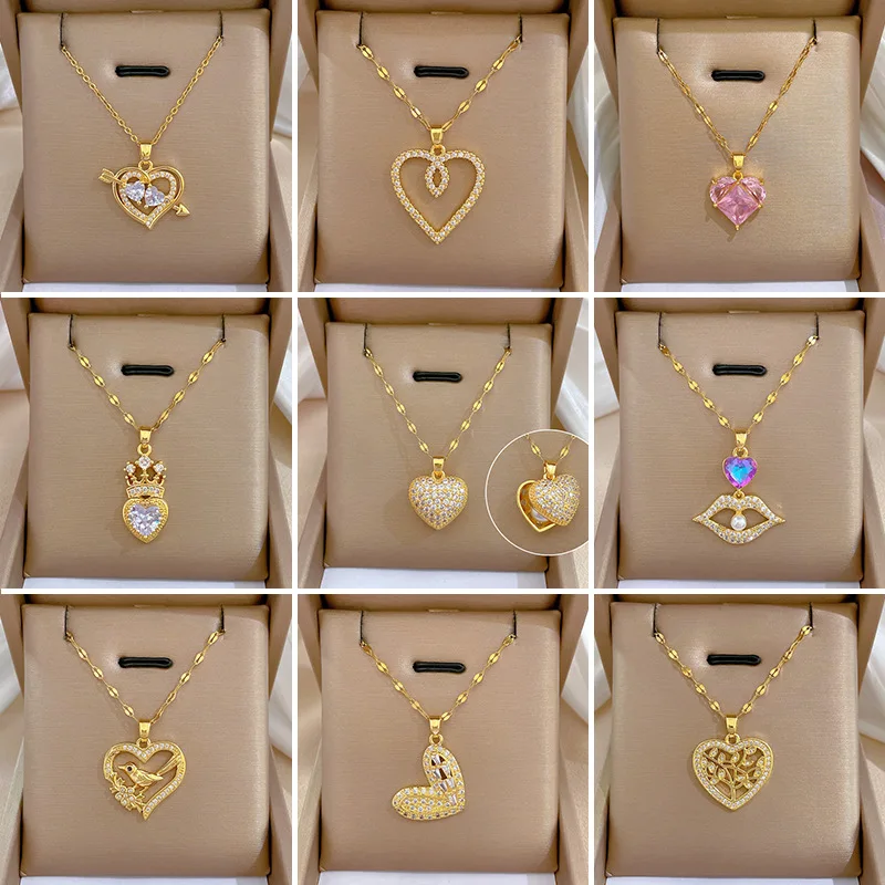 Luxury Full Zicron Shiny Heart Necklace for Women Titanium Steel Gold Color Anti-Tarnish Romantic Pendant Necklace