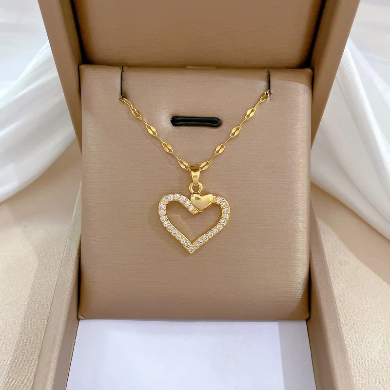 Luxury Full Zicron Shiny Heart Necklace for Women Titanium Steel Gold Color Anti-Tarnish Romantic Pendant Necklace