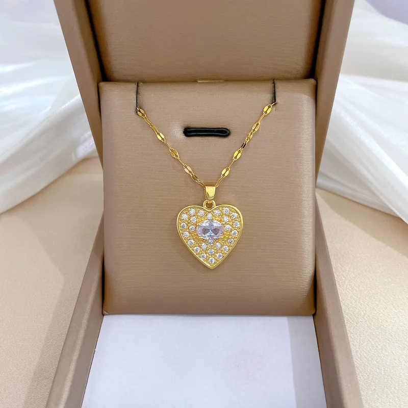 Luxury Full Zicron Shiny Heart Necklace for Women Titanium Steel Gold Color Anti-Tarnish Romantic Pendant Necklace