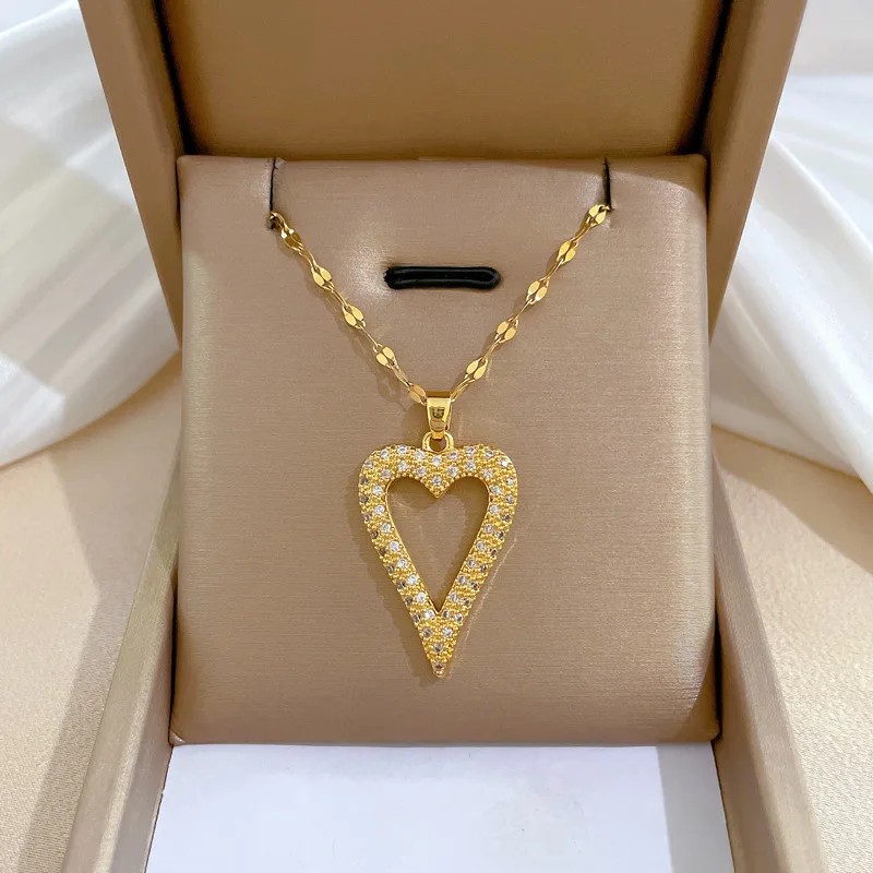 Luxury Full Zicron Shiny Heart Necklace for Women Titanium Steel Gold Color Anti-Tarnish Romantic Pendant Necklace