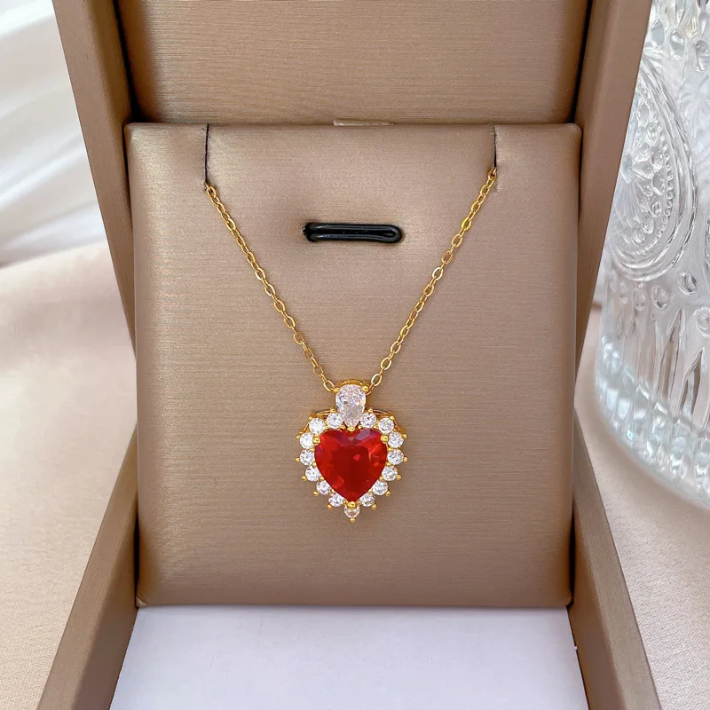 Luxury Full Zicron Shiny Heart Necklace for Women Titanium Steel Gold Color Anti-Tarnish Romantic Pendant Necklace