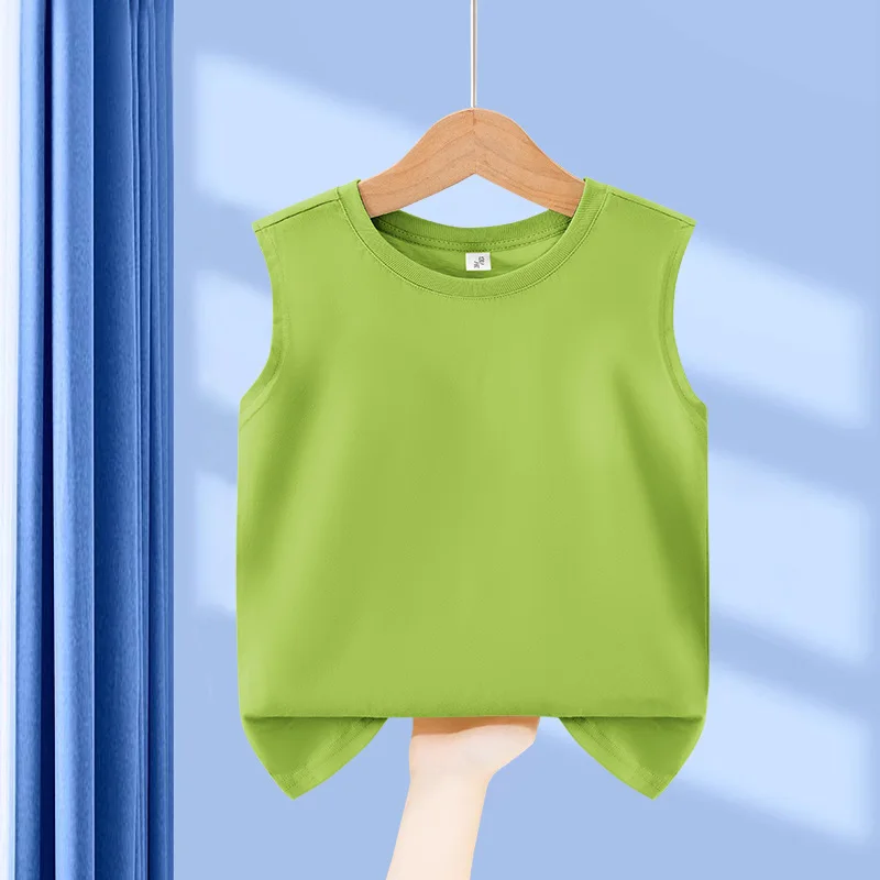 Children's Summer T-shirts Boys Girls Vests Sleeveless Solid Tee Tops 100% Cotton Comfortable Kids Tank Tops Clothes White 3-14Y
