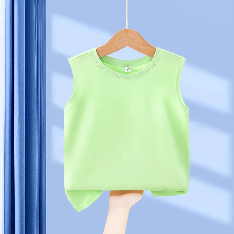 Children's Summer T-shirts Boys Girls Vests Sleeveless Solid Tee Tops 100% Cotton Comfortable Kids Tank Tops Clothes White 3-14Y