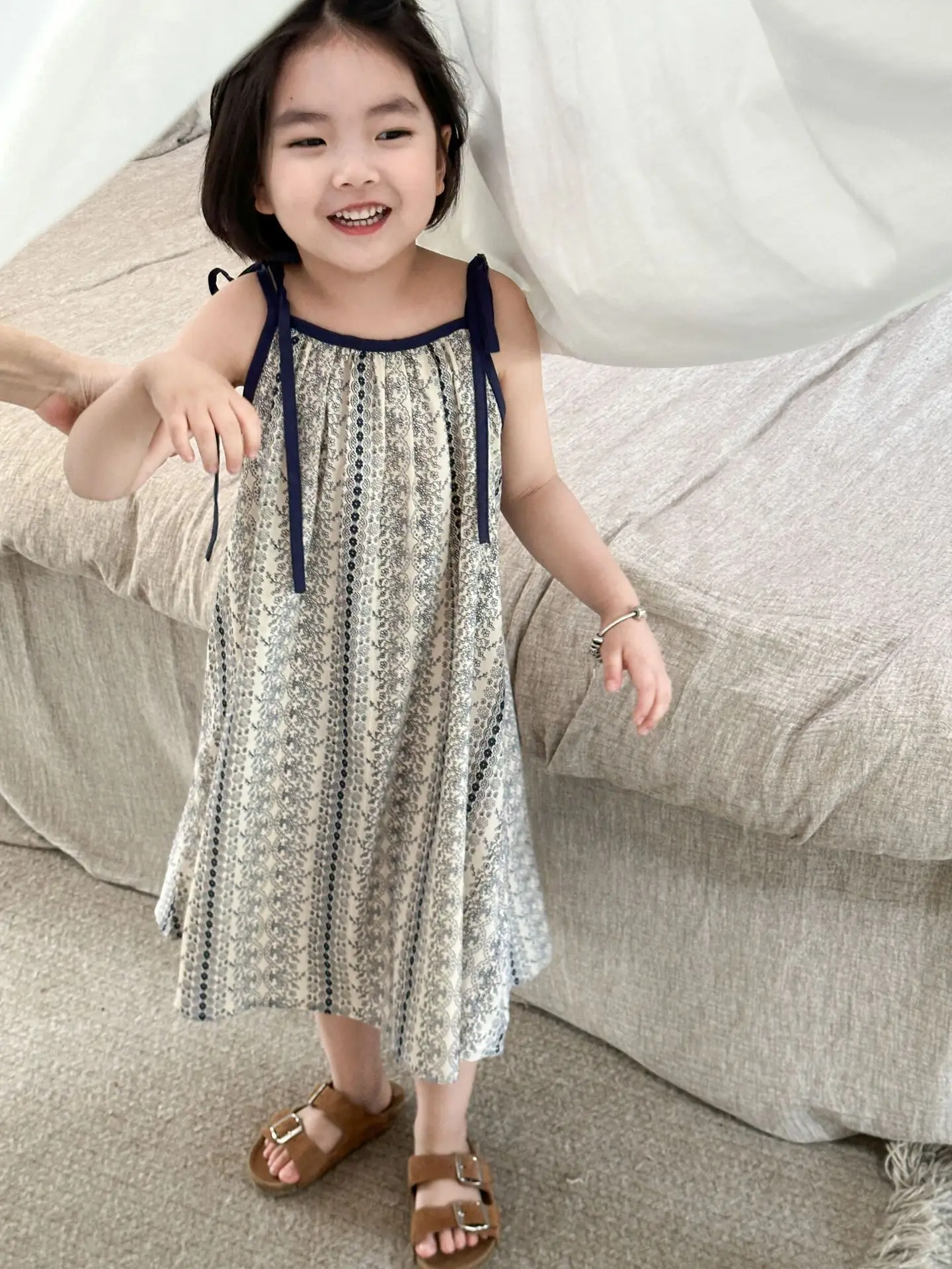 Girls Casual Dresses Summer New Korea Childrens Clothing Korean New Lovely Fragmented Flowers Loose Fashion Striped