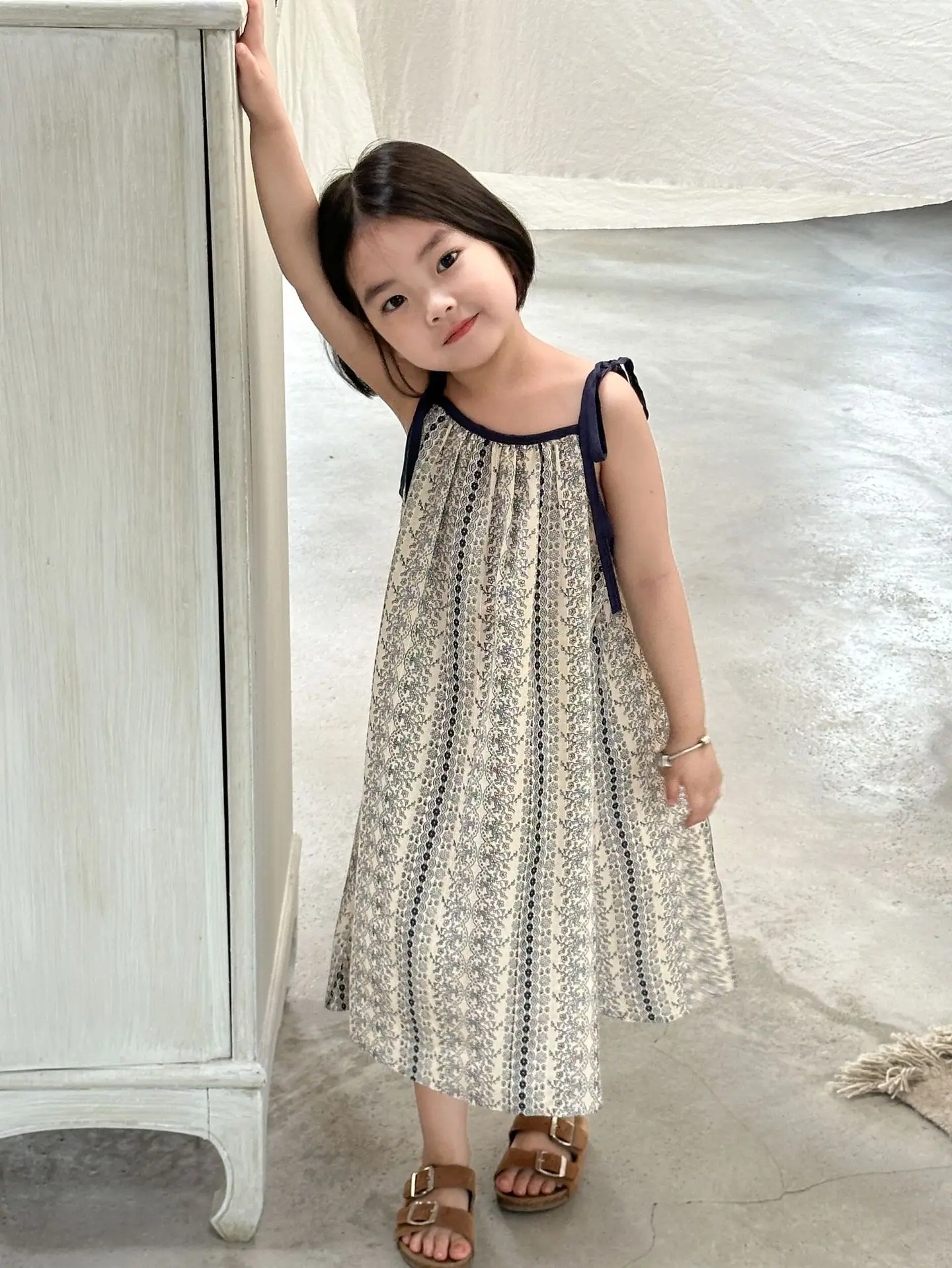 Girls Casual Dresses Summer New Korea Childrens Clothing Korean New Lovely Fragmented Flowers Loose Fashion Striped