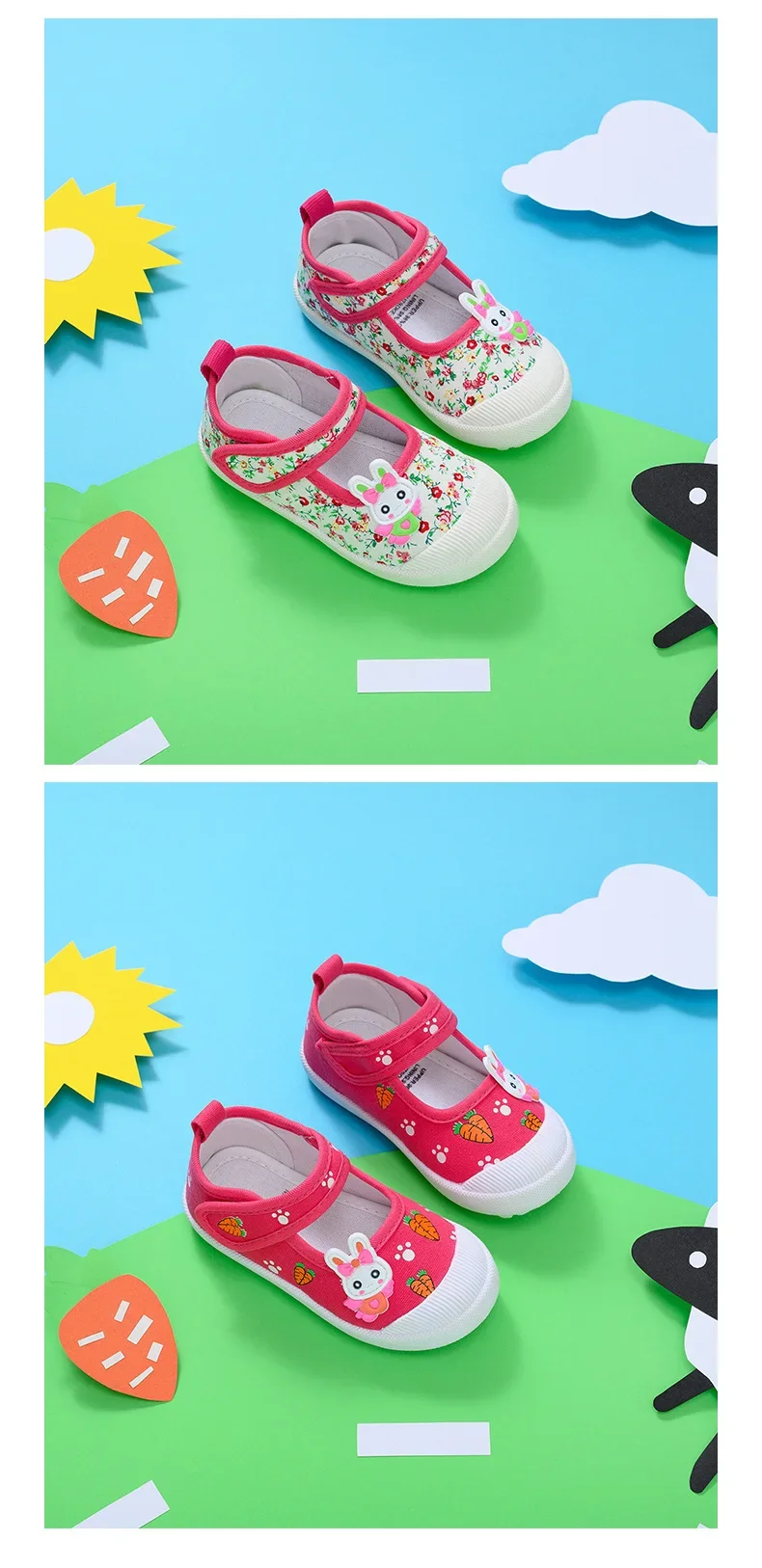 Cute Girls Canvas Shoes for Kindergarten Cartoon Rabbit with Carrots Little Kids Casual Shoes with Flowers Prints Non-slip Soft