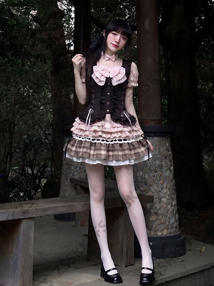 Summer Women's Casual Dresses Japan Sweet Fashion Y2k Lolita Dresses 3-Piece Set 2000s Clothes Vintage Vest Bow Sexy Skirt Party