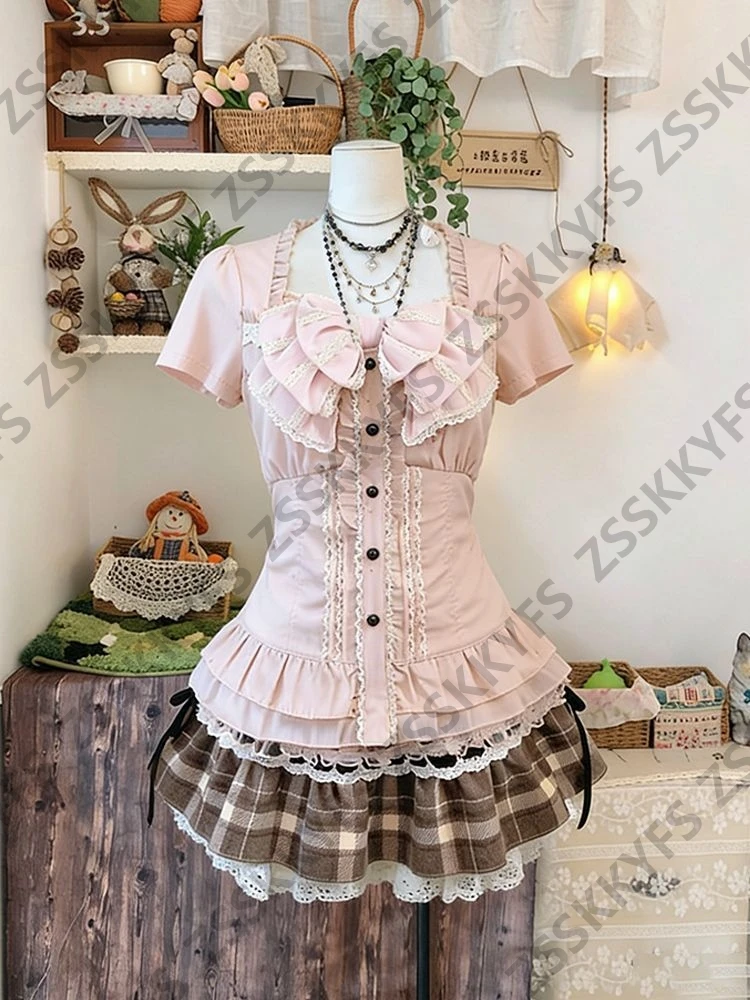 Summer Women's Casual Dresses Japan Sweet Fashion Y2k Lolita Dresses 3-Piece Set 2000s Clothes Vintage Vest Bow Sexy Skirt Party