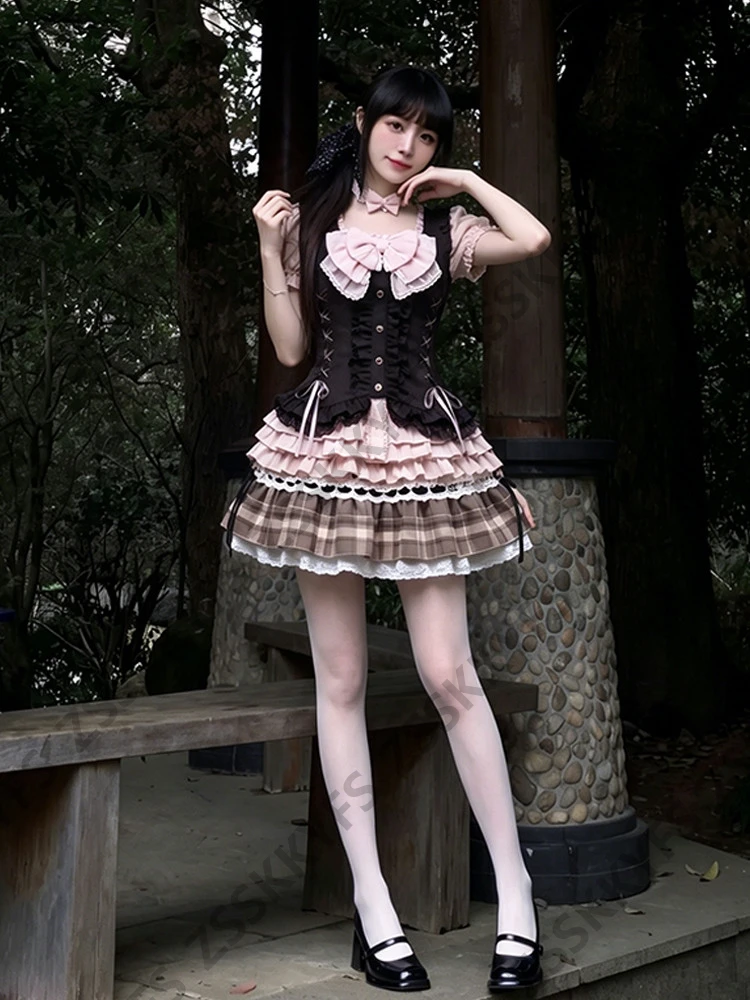 Summer Women's Casual Dresses Japan Sweet Fashion Y2k Lolita Dresses 3-Piece Set 2000s Clothes Vintage Vest Bow Sexy Skirt Party