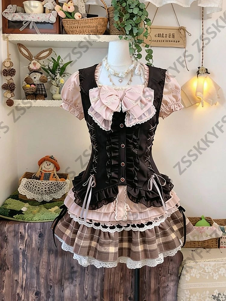 Summer Women's Casual Dresses Japan Sweet Fashion Y2k Lolita Dresses 3-Piece Set 2000s Clothes Vintage Vest Bow Sexy Skirt Party