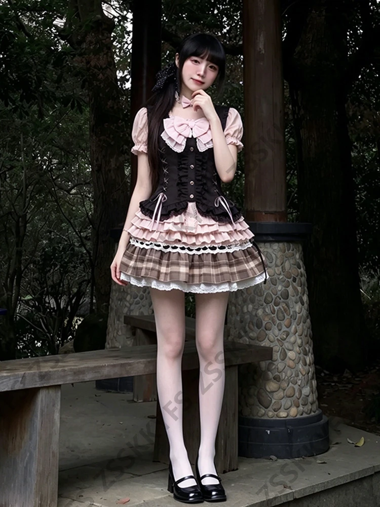 Summer Women's Casual Dresses Japan Sweet Fashion Y2k Lolita Dresses 3-Piece Set 2000s Clothes Vintage Vest Bow Sexy Skirt Party
